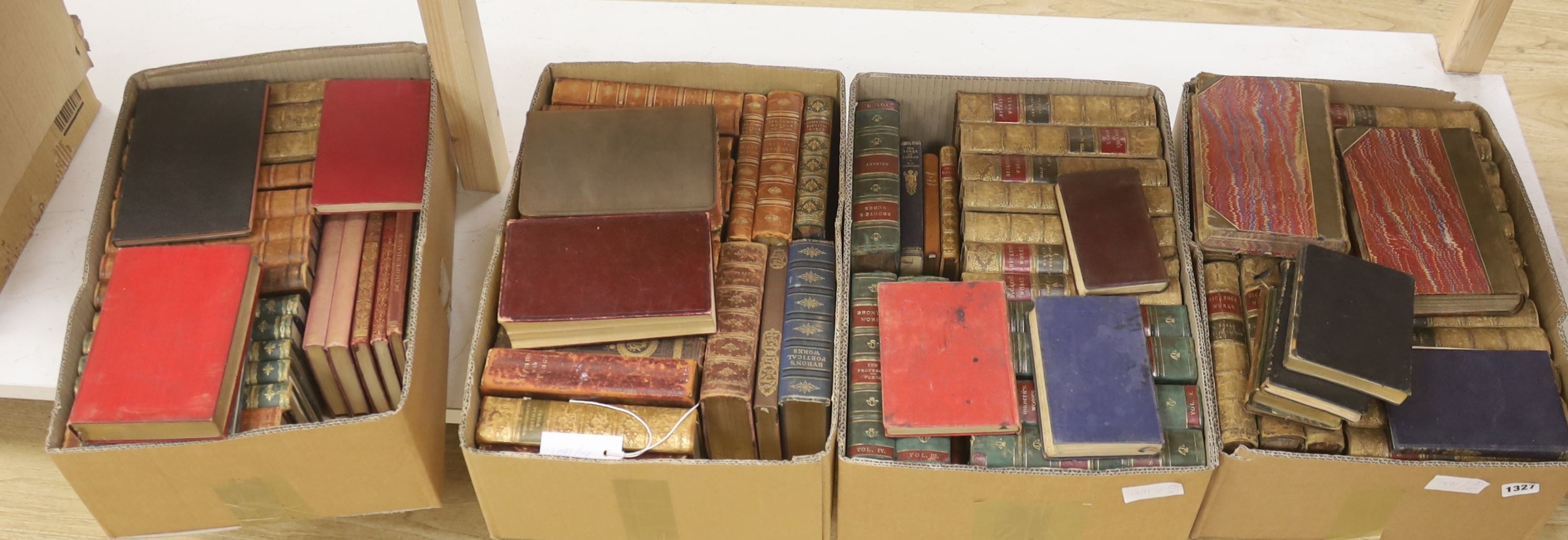 Bindings, mainly 19th century half calf works of Charles Dickens, George Eliot, the Bronte sisters, etc. in 4 boxes